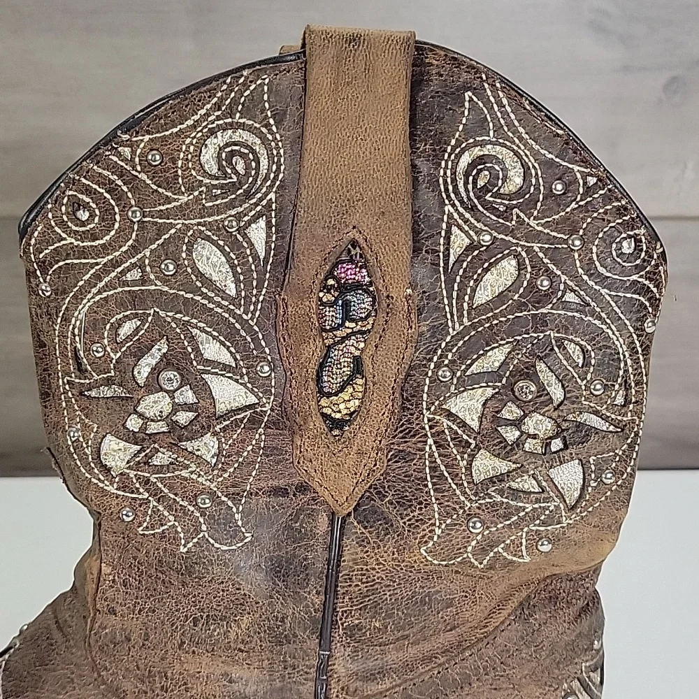 Brandon Cut-out Embellished Western Cowboy Short Boots - Brown Sz 8.5